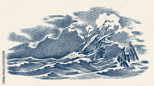 Sinking ship at sea. Ocean storm, strong waves. Vintage engraved monochrome sketch. Historic seascape. Vector illustration for banner or poster. Boat trip or vessel voyage. photo