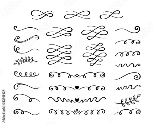 Ornament hand drawn divider collection. Vintage lines and borders. Doodle swirls and curls design elements. Vector illustration