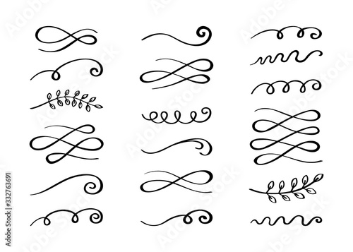 Ornament hand drawn divider collection. Vintage lines and borders. Doodle swirls and curls design elements. Vector illustration