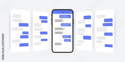Social media design concept. Smart Phone with carousel style messenger chat screen. Sms template bubbles for compose dialogues. Modern vector illustration flat style