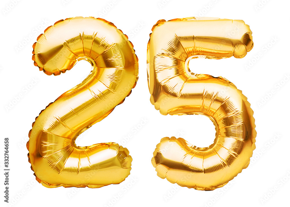 Number 25 twenty five made of golden inflatable balloons isolated on white.  Helium balloons, gold foil numbers. Party decoration, anniversary sign for  holidays, celebration, birthday, carnival Stock Photo | Adobe Stock