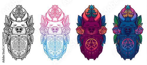 Hand Drawn line and colour Illustration of Beetle deer with star and rose sticer isolated on white background, Satanic symbol