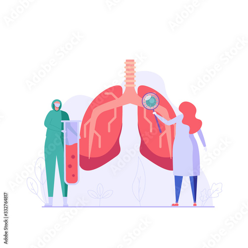 Group of medical workers and doctors diagnose lung problems in clinic. Concept of coronavirus, pulmonology, medical research and diagnostics, covid-19. Vector illustration in flat design