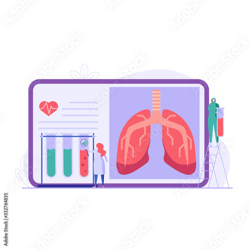 Group of medical workers and doctors diagnose lung problems in clinic. Concept of coronavirus, pulmonology, medical research and diagnostics, covid-19. Vector illustration in flat design