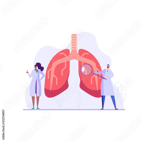 Group of medical workers doctors diagnose lung problems in clinic. Concept of fluorographic examination, pulmonology, medical research and diagnostics, healthcare. Vector illustration in flat design