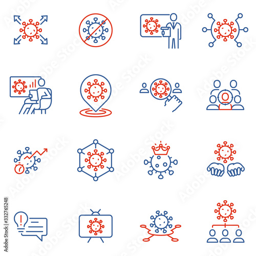 Vector Set of Linear Icons Related to Clinical Trial of Coronavirus, Community Spread and Protection Measures. Covid - 19. Mono Line Pictograms and Infographics Design Elements - part 2