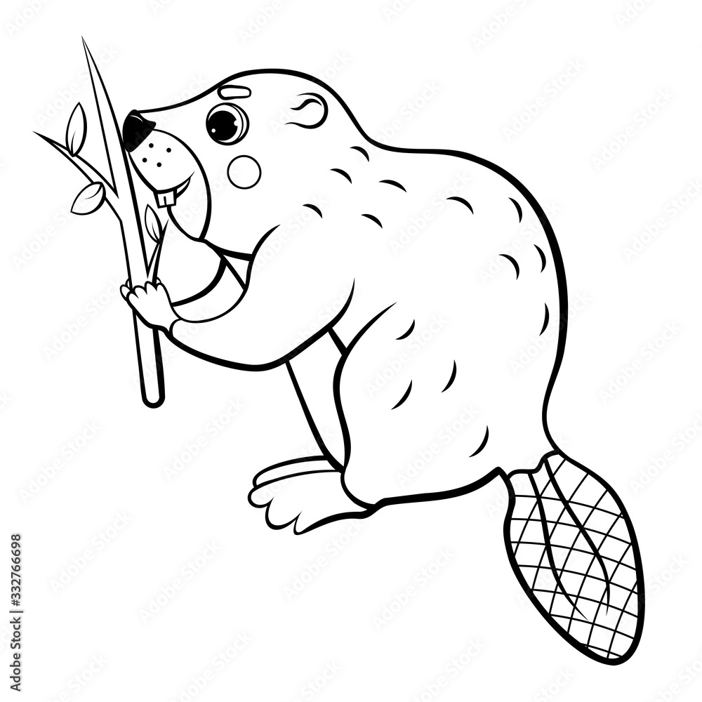 Cute cartoon wild beaver with a tree branch vector coloring page ...