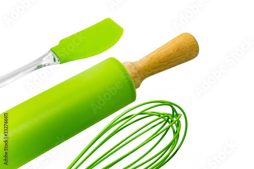 Set of silicone cooking utensils isolated on white background photo