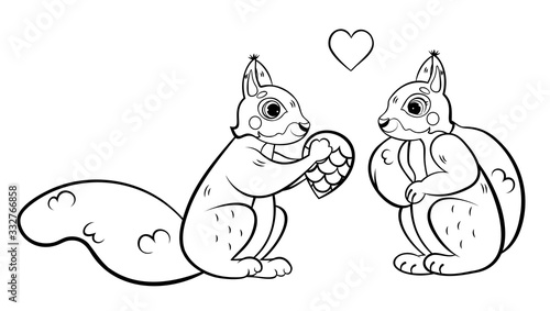 Cute cartoon squirrels couple in love vector coloring page outline. Coloring book of forest animals for kids. Isolated on white background
