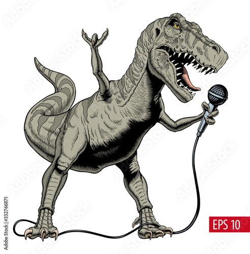 Dinosaur rock singer holding microphone. Tyrannosaurus or T rex. Vector illustration.