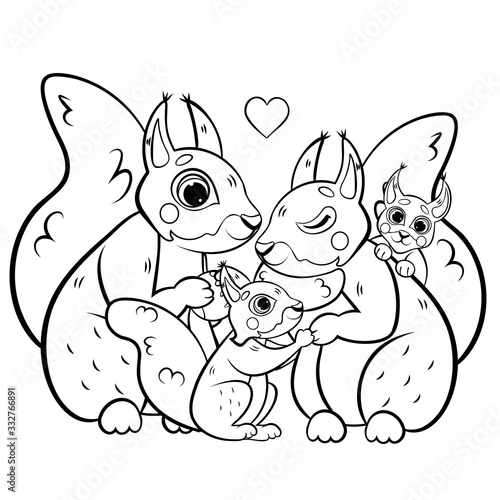 Cute cartoon squirrel family vector coloring page outline. Male and female squirrels with their pups. Coloring book of forest animals for kids. Isolated on white background