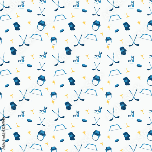 hockey cartoon pattern: hockey stick, puck, ice skates, helmet, goal, gold cups.