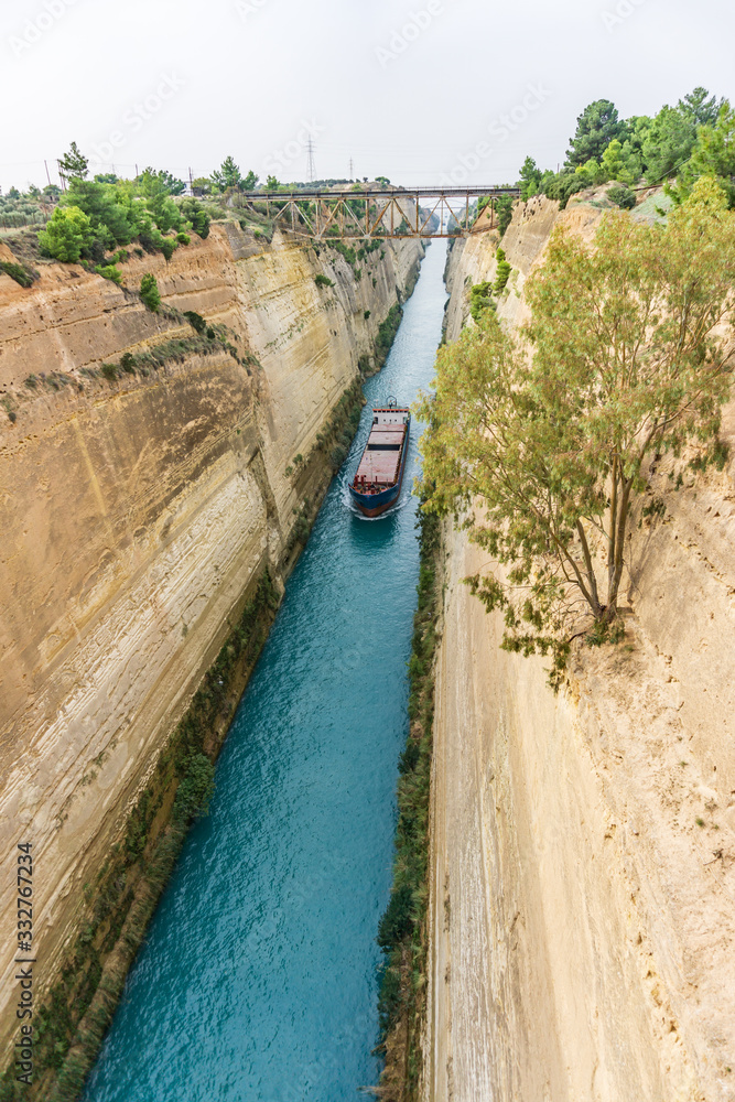 Ship in the Corinth Canal, Greece. Aerial view