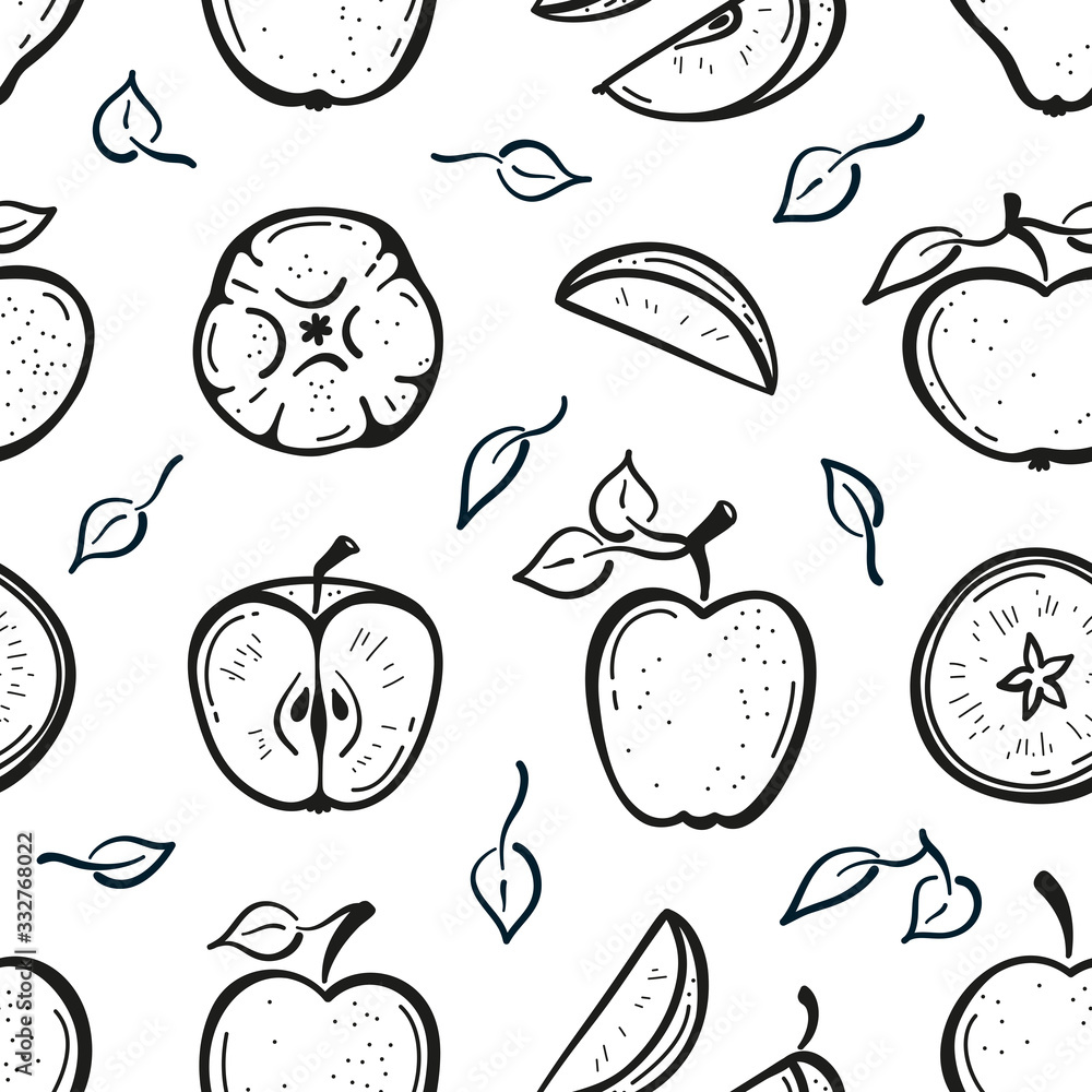 Black and White Outline Apple Fruit Background. Seamless Pattern with Hand Drawn Doodle Apples with Leaves and Apple Slices. Fruits Wallpaper. Healthy Summer Food Background Black and White Outline Apple Fruit Background. Seamless Pattern with Hand Drawn Doodle Apples with Leaves and Apple Slices. Fruits Wallpaper. Healthy Summer Food Background