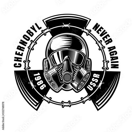 Gas mask in center of radiation symbol and round barbed wire