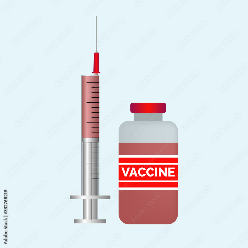 Red Vaccine bottle and injection syringe on blue background vector medical illustration Red Vaccine bottle and injection syringe on blue background vector medical illustration