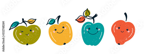 Cute Apple Fruits Colorful Print or Poster for Kids. Kawaii Apples icons Vector Set. Summer Autumn Fruit Collection