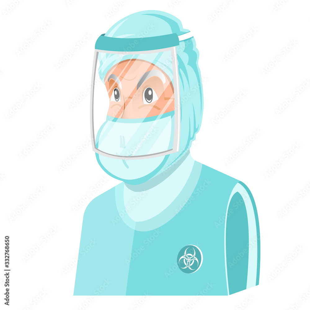 Doctor or scientist man clothed in chemical or virus protection suit and transperent glass mask on face Doctor or scientist man clothed in chemical or virus protection suit and transperent glass mask on face