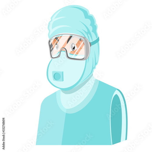 Doctor or scientist man clothed in chemical or virus protection suit and special glasses