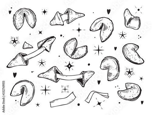 Food Vector Set. Sweet Pastries. Hand drawn Chinese fortune cookies and crushed Fortune cookie with blank note inside