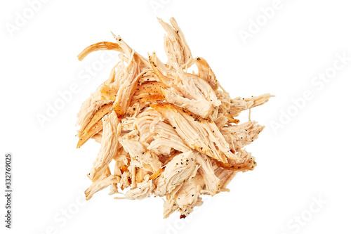 Heap of pulled chicken meat on white