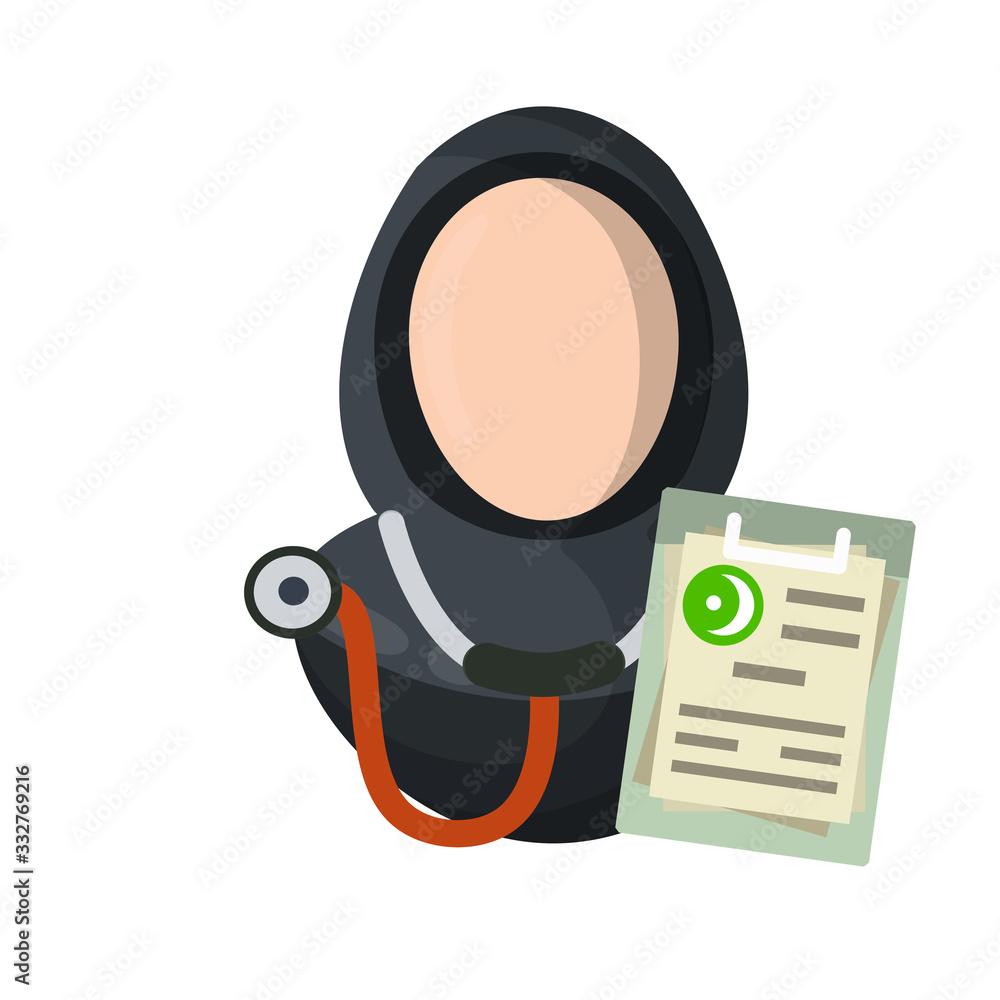 Doctor with stethoscope. Flat Icon of Islamic hospital. Treatment and health. Diagnosis file document. Arab woman in hijab. Muslim medic. National dress Doctor with stethoscope. Flat Icon of Islamic hospital. Treatment and health. Diagnosis file document. Arab woman in hijab. Muslim medic. National dress