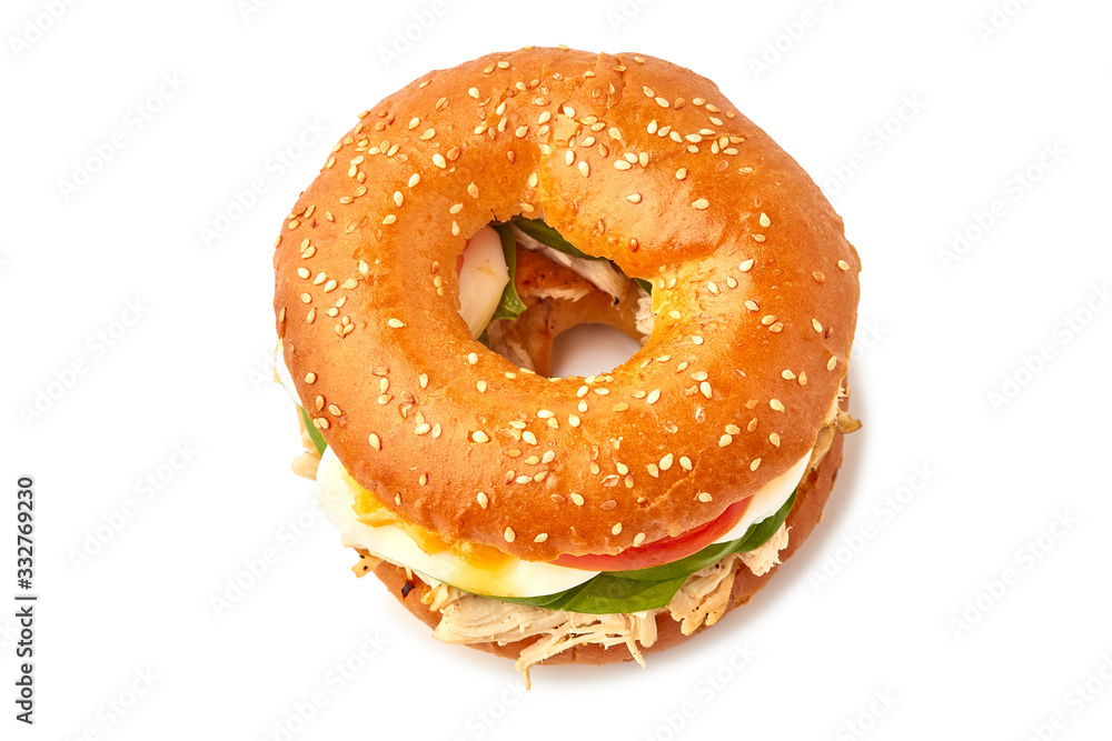 Bagel sandwich with pulled chicken meat on white Bagel sandwich with pulled chicken meat on white