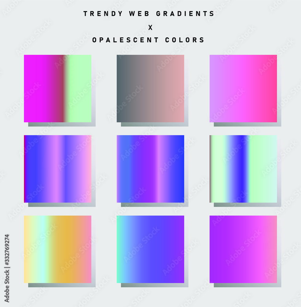 Set of neon retrowave and vaporwave gradient swatched for design. UI kit, fancy modern trendy palette.