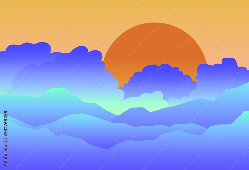 Retrofuturistic minimal landscape with neon sunset above the mountains or hills. Vaporwave and Sytnhwave style.