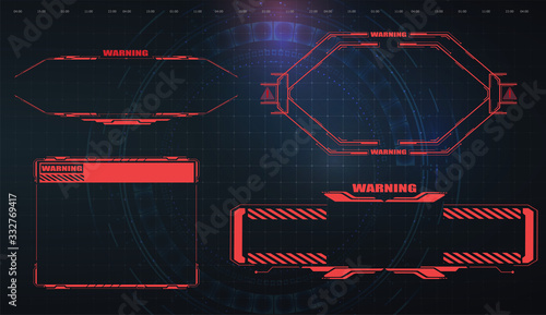 Futuristic screens HUD, GUI, UI and titles warning, danger. Warning. Conceptual Layout with HUD elements for print and web. Futuristic red warning frame. Hi-tech callout bar labels,digital templates