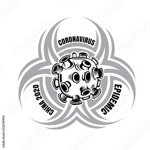 Molecula of coronavirus in center of symbol biological hazard