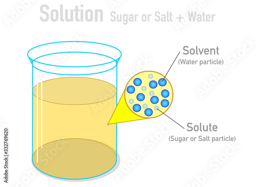 Solvent solute molecules. Salt or sugar water mixture. Homogeneous mixture. Solution under microscope. Solution atoms. Molecular structure. Parts. Liquid mix.  White background. Illustration Vector