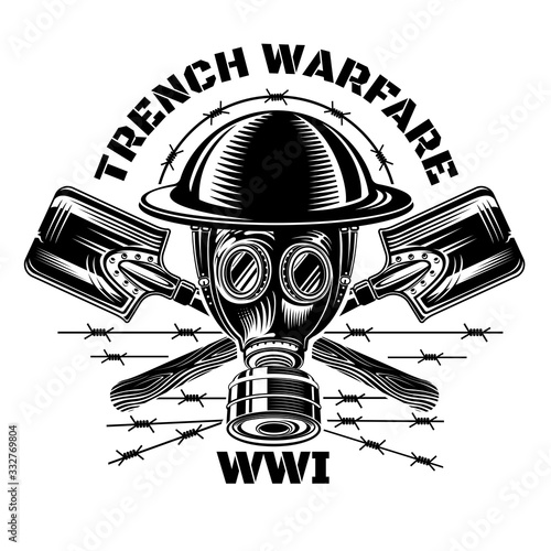 Trench warfare. Gas mask and military helmet with crossed trench showels