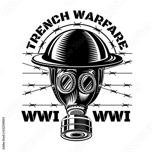 Trench warfare. Gas mask with military helmet of first world war in center of barbed wire