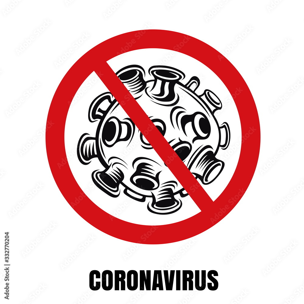 Vector illustrations of monochrome coronavirus molecule COVID-19 inside of red crossed circle . virus wuhan from china