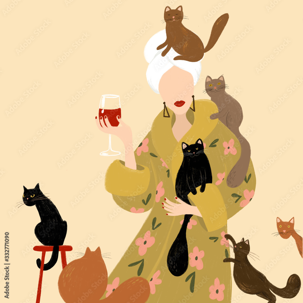Stockillustratie Lonely beautiful woman and a lot of cats. Lady