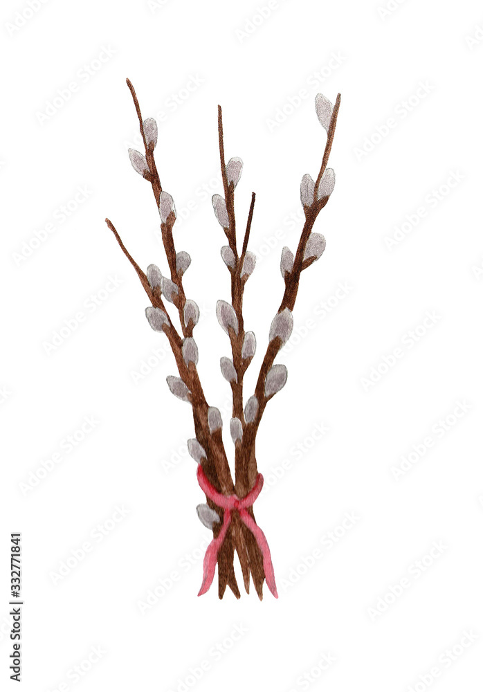Fototapeta premium Blooming willow. Easter vines with ribbon