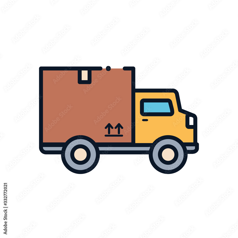 Isolated delivery box over truck line fill style icon vector design Isolated delivery box over truck line fill style icon vector design