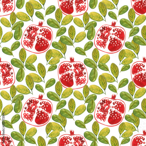 watercolor pattern with hand painted pomegranates and greenleaves photo