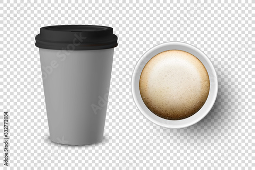 Vector 3d Realistic Gray Disposable Closed and Opened Paper, Plastic Coffee Cup for Drinks with Black Lid Set Closeup Isolated on Transparent Background. Design Template, Mockup. Top and Front View