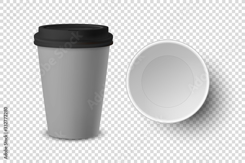 Vector 3d Realistic Empty Gray Disposable Closed, Opened Paper, Plastic Coffee Cup for Drinks with Black Lid Set Closeup Isolated on Transparent Background. Design Template, Mockup. Top and Front View