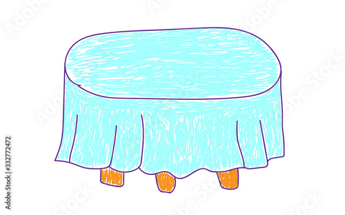 Childrens Table with a blue tablecloth wooden in a deliberately childish style. Child drawing. Sketch imitation painting felt-tip pen or marker on a white background. Vector illustration.