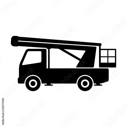 Aerial platform icon. A car for lifting people to a height. Black silhouette. Side view. Vector graphic illustration. Isolated object on a white background. Isolate.
