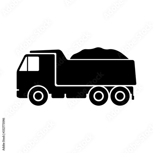 Dump truck icon. Black silhouette. Side view. Vector graphic illustration. Isolated object on a white background. Isolate.