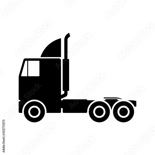 Truck tractor icon. Black silhouette. Side view. Without a semitrailer. Vector graphic illustration. Isolated object on a white background. Isolate.