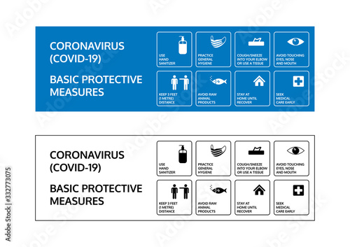 Coronavirus prevention signs. Basic protective measures against the new coronavirus. Coronavirus advice for the public through icons. Important information and guidance to stay healthy from Covid-19.