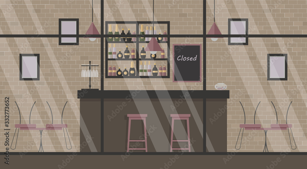 Cafe in the loft style is closed during epidemic of virus: against a brick wall there are tables with chairs overturned on them.The concept of stopping business during a pandemic.Vector illustration