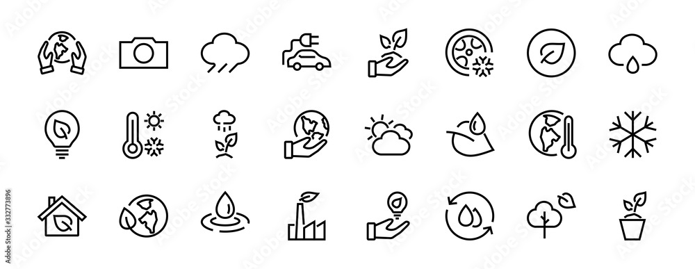 Set of icons on the theme of Ecology, vector lines, contains icons such as electric car, global warming, forest, eco, watering plants and much more. Editable stroke, White background. Set of icons on the theme of Ecology, vector lines, contains icons such as electric car, global warming, forest, eco, watering plants and much more. Editable stroke, White background.