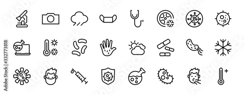 CORONAVIRUS a set of icons on the theme of Coronavirus, contains such icons as nucleation, hand washing, mask, bacteria, sneezing, Editable stroke, on a white background