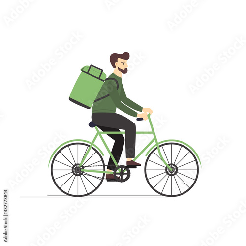 Bicycle delivery guy. Courier service worker delivers online ordering food to customer on bike. Vector image cartoon Illustration